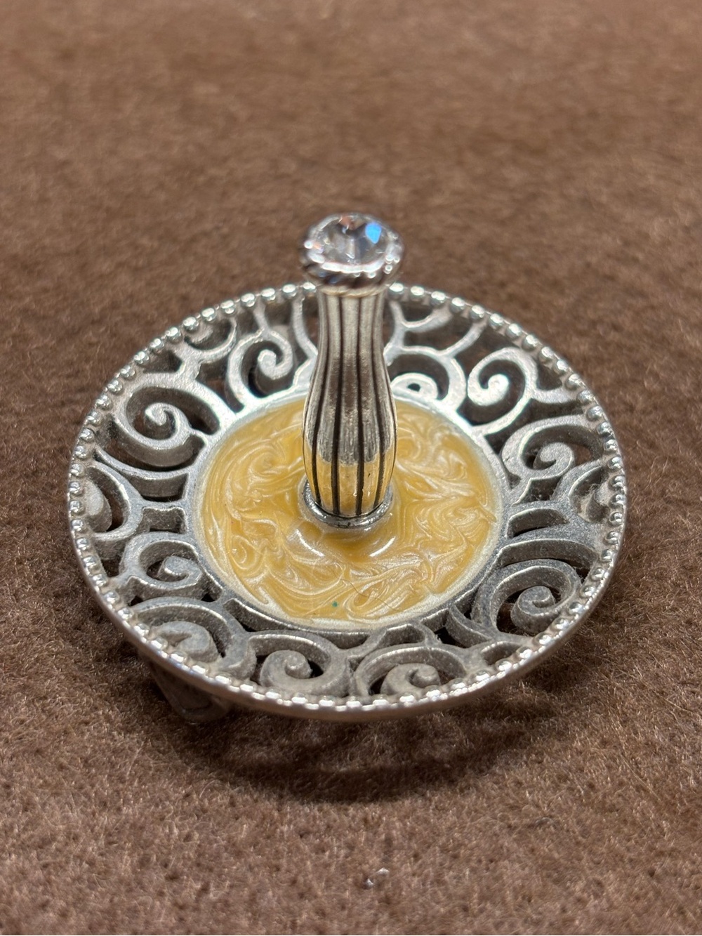 Brighton Silver Filigree Ring Dish with Cream Center and Crystal Top